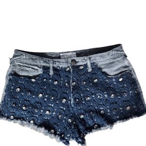 Free People Black Crochet & Jewel High Waisted Stretch Distressed Jean Shorts 30